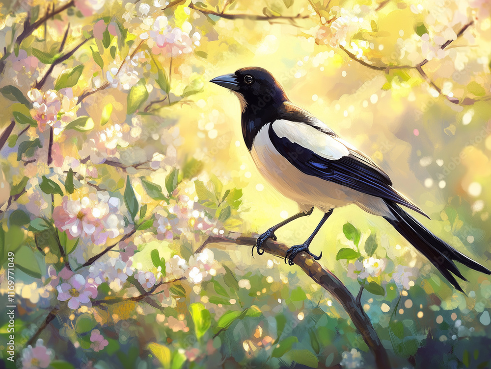 Brilliant Magpie Navigating a Blooming Orchard Brilliant Magpie Navigating a Blooming Orchard