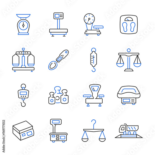 Weight measurement device line color icon. Vector collection with electronic and mechanical scales, weights, weigher, industrial scales.