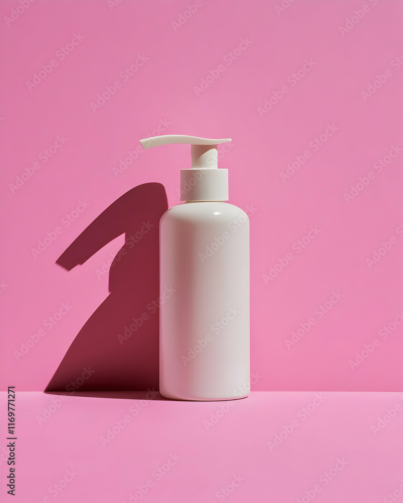 A white pump bottle on a pink background, ideal for skincare or cosmetic products. Work from home product A white pump bottle on a pink background, ideal for skincare or cosmetic products. Work from home product