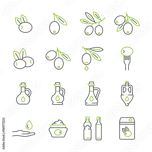 Olive oil line color icon set. Vector collection with olive branch, glass bottle, fork, cream.