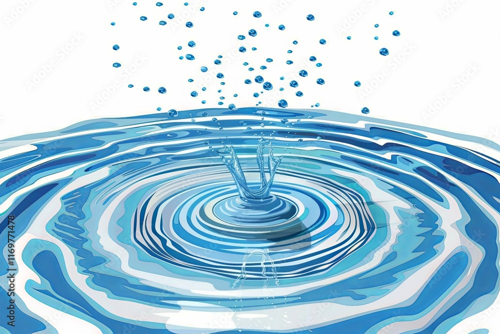 Water splash with concentric ripples and droplets in shades of blue. Abstract digital illustration. Design for poster, card, banner, print, wallpaper. Water splash with concentric ripples and droplets in shades of blue. Abstract digital illustration. Design for poster, card, banner, print, wallpaper.