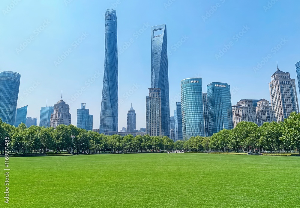 Beautiful green lawn with skyscrapers in the background, city park landscape. Modern urban architecture with copy space. Cityscape of Shanghai, China, Lujiazui business district. Bright sky. Beautiful green lawn with skyscrapers in the background, city park landscape. Modern urban architecture with copy space. Cityscape of Shanghai, China, Lujiazui business district. Bright sky.
