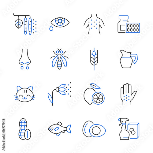 Allergy line color icon set. Allergy symptoms and allergens vector collection with rash, plant pollen, pet, dairy, seafood, insect, egg, gluten, medicine.