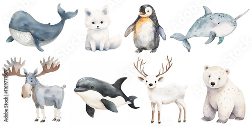 Cute set of watercolor illustrations of whale, orca, beluga, polar bear, penguin, deer, moose. Ai generated image