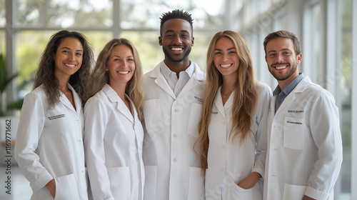 Wallpaper Mural A diverse group of dentists standing together in white coats, smiling and holding dental instruments, bright professional environment celebrating teamwork Torontodigital.ca