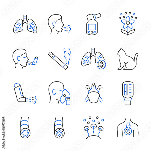 Asthma line color icon set. Vector collection with lung, cough, pollen, inhaler, flow peak meter, dust mite, fungal mold.  Symptoms and causes of asthma.