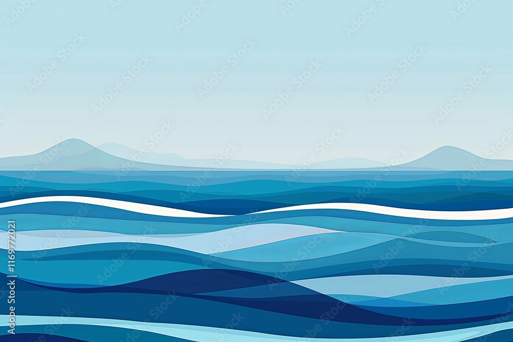 Abstract layered ocean waves with distant mountains. Digital illustration. Sea and nature concept. Design for poster, banner, card, invitation, print, wallpaper. Abstract layered ocean waves with distant mountains. Digital illustration. Sea and nature concept. Design for poster, banner, card, invitation, print, wallpaper.