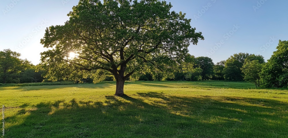 Beautiful green tree in a park with a sunlit, clear sky background. Nature landscape banner, panoramic view. Summer season nature concept. Wide-angle lens, panoramic view. A large oak tree stands on t Beautiful green tree in a park with a sunlit, clear sky background. Nature landscape banner, panoramic view. Summer season nature concept. Wide-angle lens, panoramic view. A large oak tree stands on t