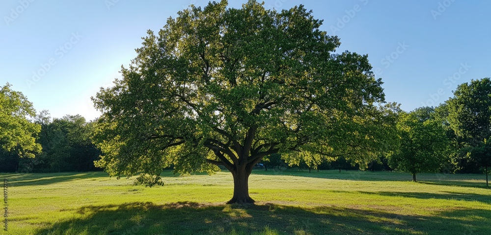 Fototapeta premium Beautiful green tree in a park with a sunlit, clear sky background. Nature landscape banner, panoramic view. Summer season nature concept. Wide-angle lens, panoramic view. A large oak tree stands on t