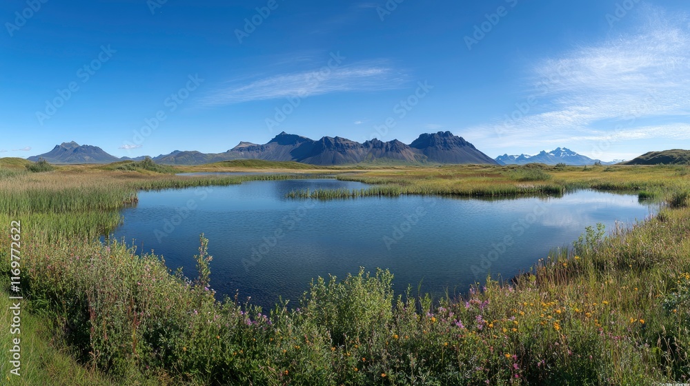 Beautiful landscape with mountain, lake and blue sky in Iceland with Stokksnes black mountains in background. summer season, vibrant colors, idyllic rural scenery, Stowarkos volcano in the backround, Beautiful landscape with mountain, lake and blue sky in Iceland with Stokksnes black mountains in background. summer season, vibrant colors, idyllic rural scenery, Stowarkos volcano in the backround,