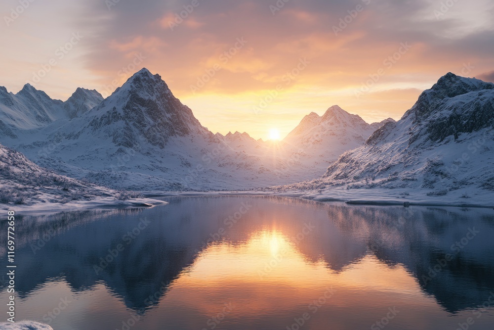 Beautiful mountain sunset with snow on the peaks and reflection in lake, Alps mountains landscape. photorealistic, high resolution photography, insanely detailed, fine details, professional color Beautiful mountain sunset with snow on the peaks and reflection in lake, Alps mountains landscape. photorealistic, high resolution photography, insanely detailed, fine details, professional color