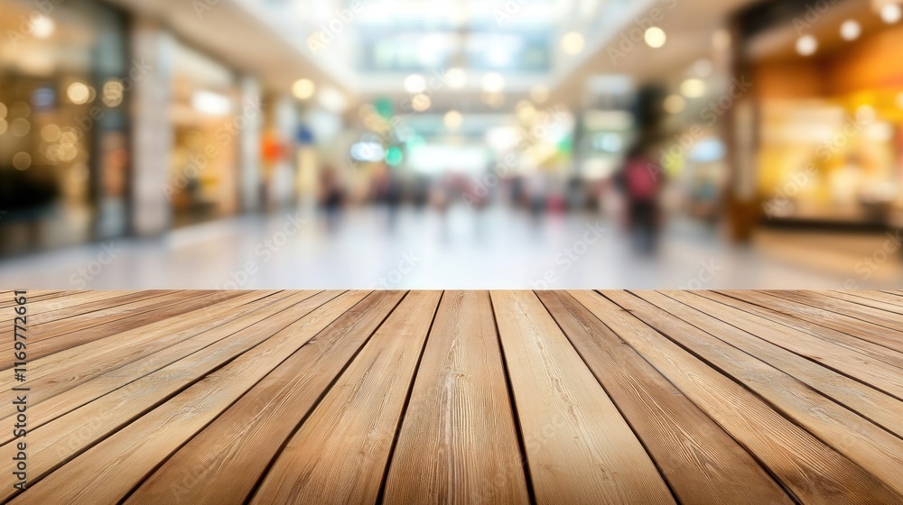 Empty wooden table top with blurred shopping mall background. Empty wooden table top with blurred shopping mall background.