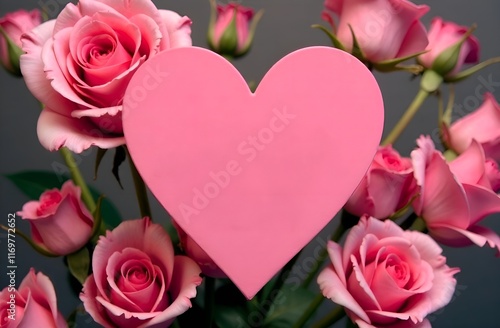 pink heart on a background of roses. place for the label