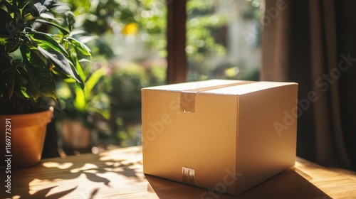 An eco-friendly cardboard box is showcased in natural light, emphasizing its role in sustainable packaging and shipping. photo