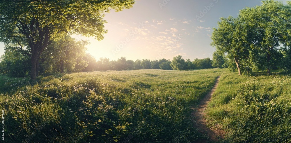 Beautiful summer landscape with a green meadow, trees, and a path under a blue sky at sunrise in Germany. featuring high-quality, high-resolution, professional photography with natural lighting