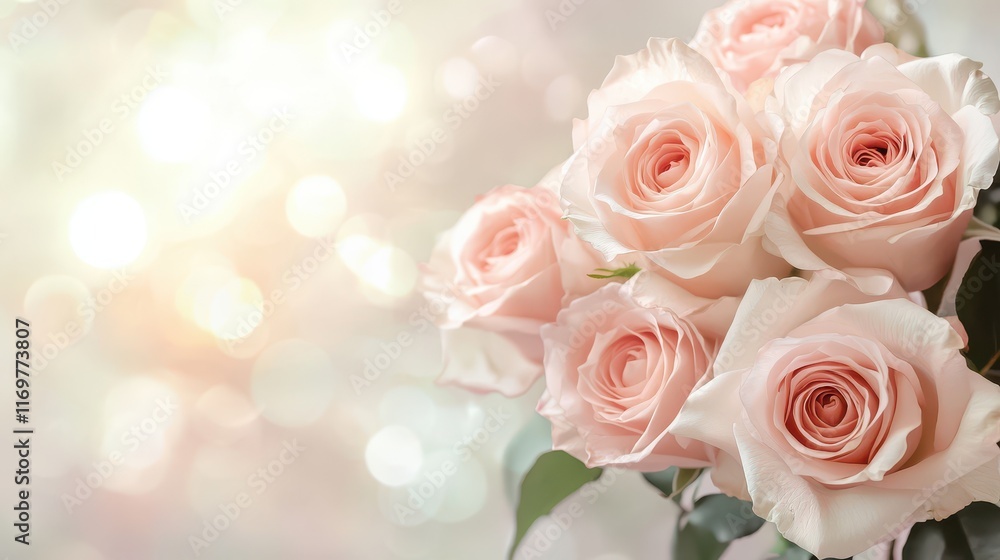 An elegant blank wedding invitation card adorned with a bouquet of pale pink roses, set against a soft, romantic background. An elegant blank wedding invitation card adorned with a bouquet of pale pink roses, set against a soft, romantic background.