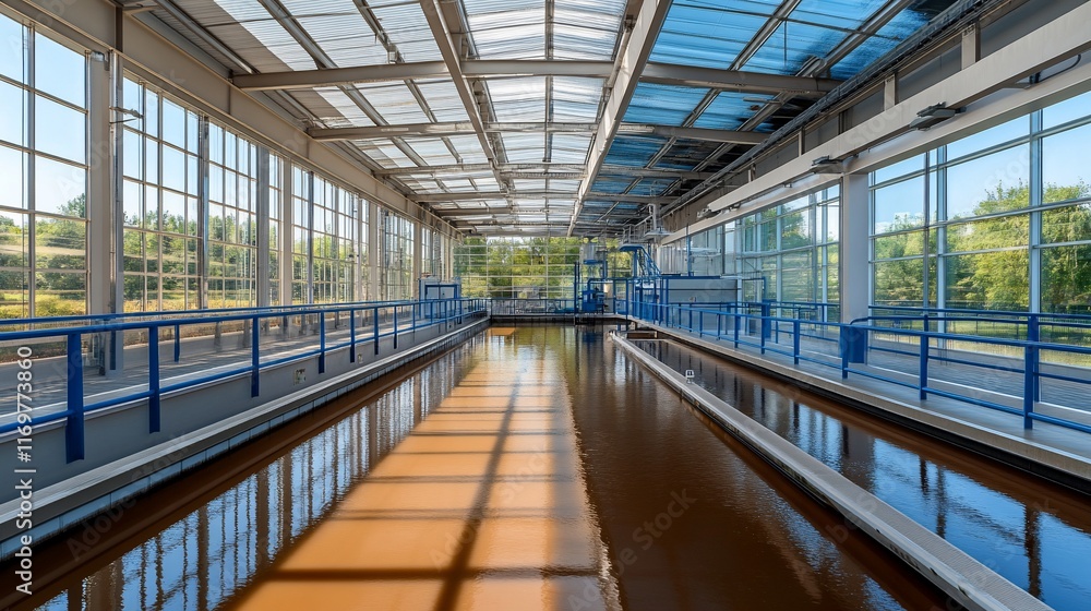 Obraz premium Modern water treatment plant interior with sunlight reflecting on the water.