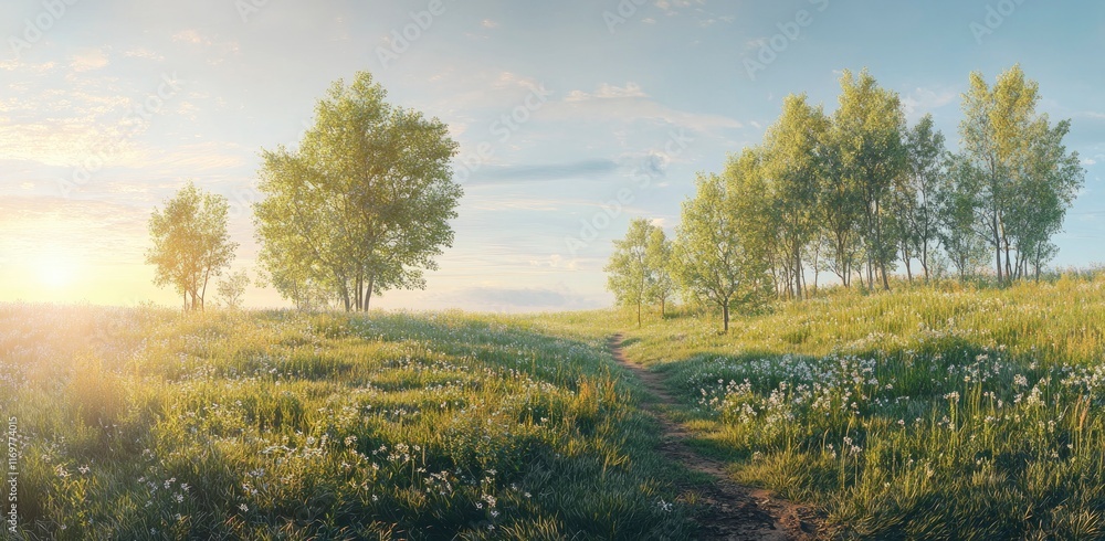 Naklejka premium Beautiful summer landscape with a green meadow, trees, and a path under a blue sky at sunrise in Germany. featuring high-quality, high-resolution, professional photography with natural lighting