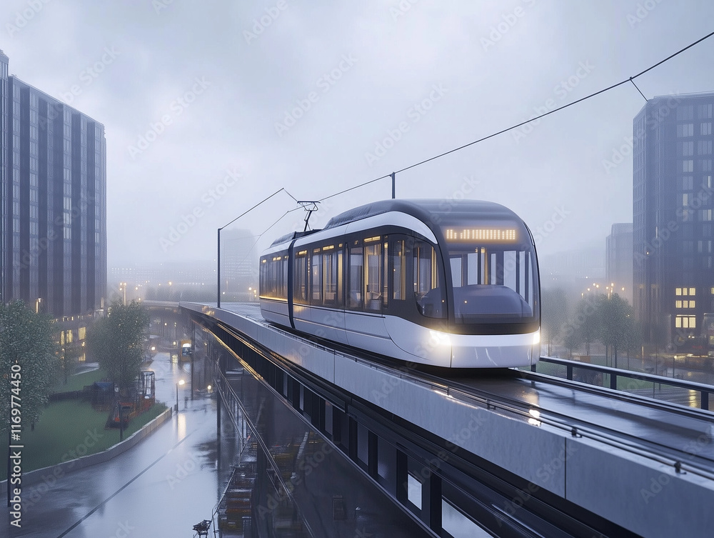 Naklejka premium Light Rail Vehicle on a Bridge in a Newly Developed Area