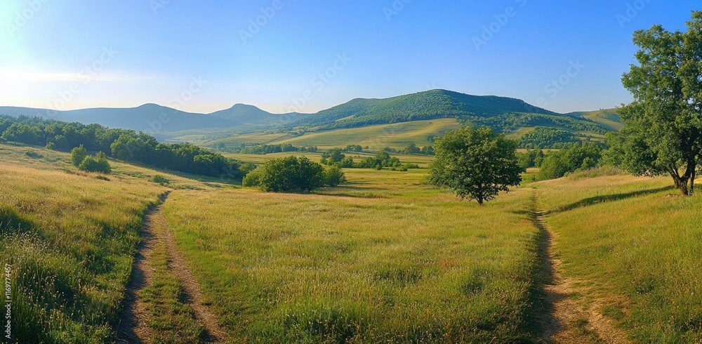 Fototapeta premium Beautiful summer landscape with a green meadow, trees, and a path in the morning sun. Panoramic view of an idyllic countryside at sunrise with a blue sky, high-resolution photography, professional col