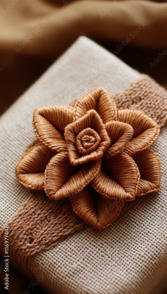 Fototapeta premium A beautifully wrapped gift adorned with a handmade flower and a knitted ribbon, creating a warm and inviting aesthetic.