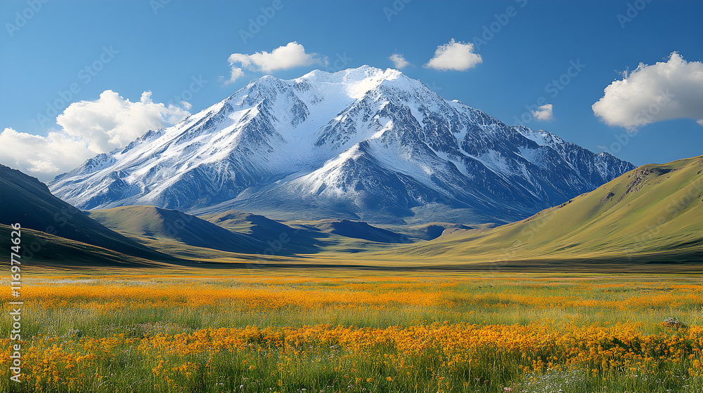 Snow-Capped Mountain Majesty with Golden Field Snow-Capped Mountain Majesty with Golden Field
