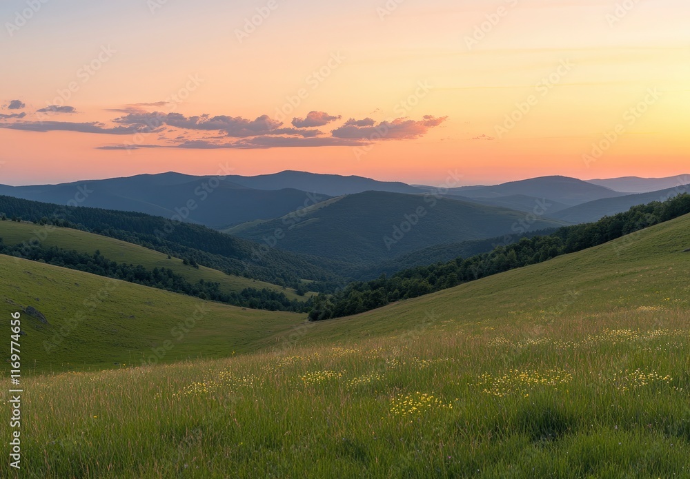 Fototapeta premium Beautiful summer landscape with green grass on the mountain hill and a beautiful sunset sky over the mountains in the background, with copy space for text. high resolution.