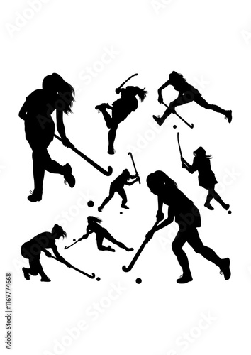 Female field hockey player pose silhouettes