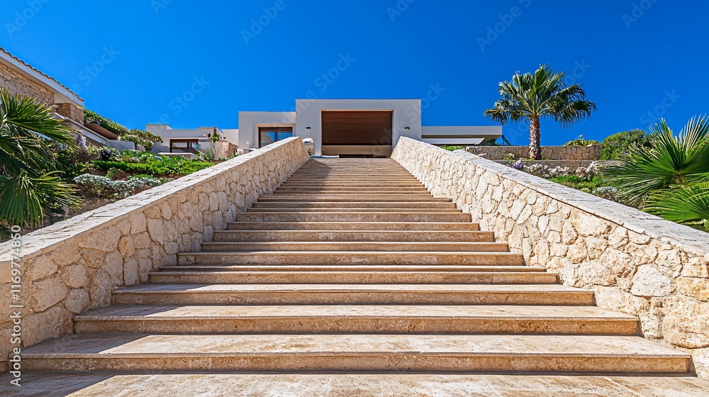 Fototapeta premium Grand stone staircase leading to a modern villa under a bright blue sky.