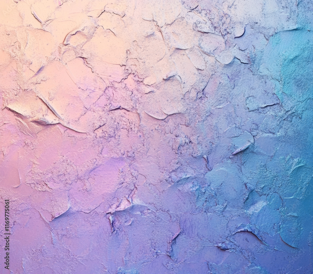 Blue and peach gradient fading into lavender and emerald tones. Soft pastel granular textures with metallic shimmer.