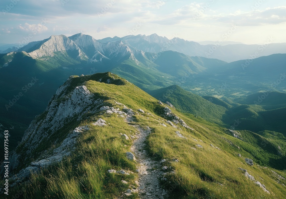 Fototapeta premium Beautiful summer landscape with green grass on the mountain top at sunset. Mountain range in the background, blue sky and clouds. Beautiful nature scene with sunlight. Beauty of the natural world.