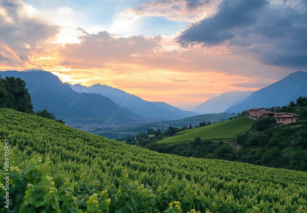Obraz premium Beautiful summer landscape with green grass on the mountain top at sunset. Mountain range in the background, blue sky and clouds. Beautiful nature scene with sunlight. Beauty of the natural world.