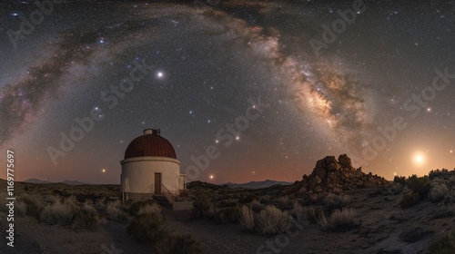 Wallpaper Mural Night sky panorama with observatory, Milky Way, stars, and desert landscape. Torontodigital.ca