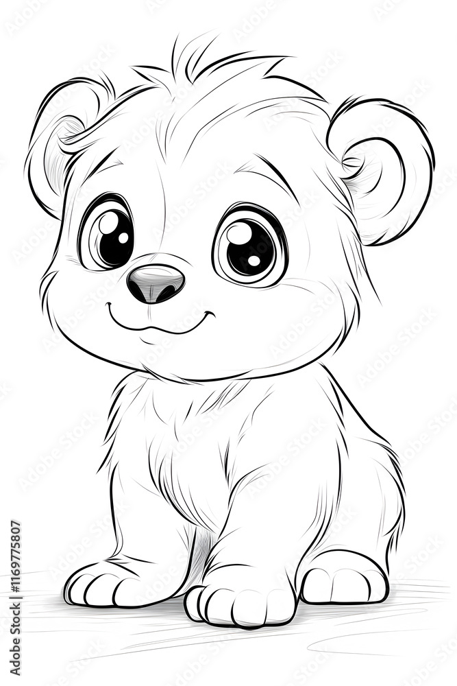 Fototapeta premium Adorable Cartoon Bear Character Illustration with Big Eyes and Playful Expression for Kids' Art Projects drawing and coloring page for printable