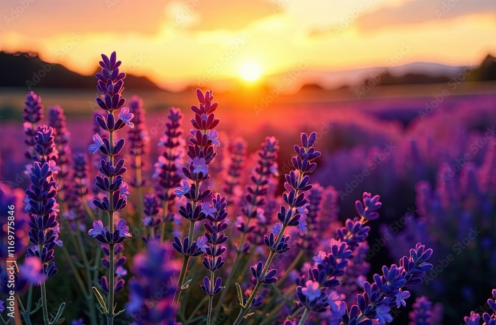 Fototapeta premium Beautiful lavender field at sunset with vibrant colors in the sky