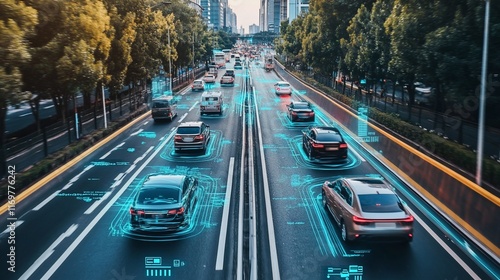 Autonomous vehicles driving on a city highway with digital data overlays showing speed, location, and other information.