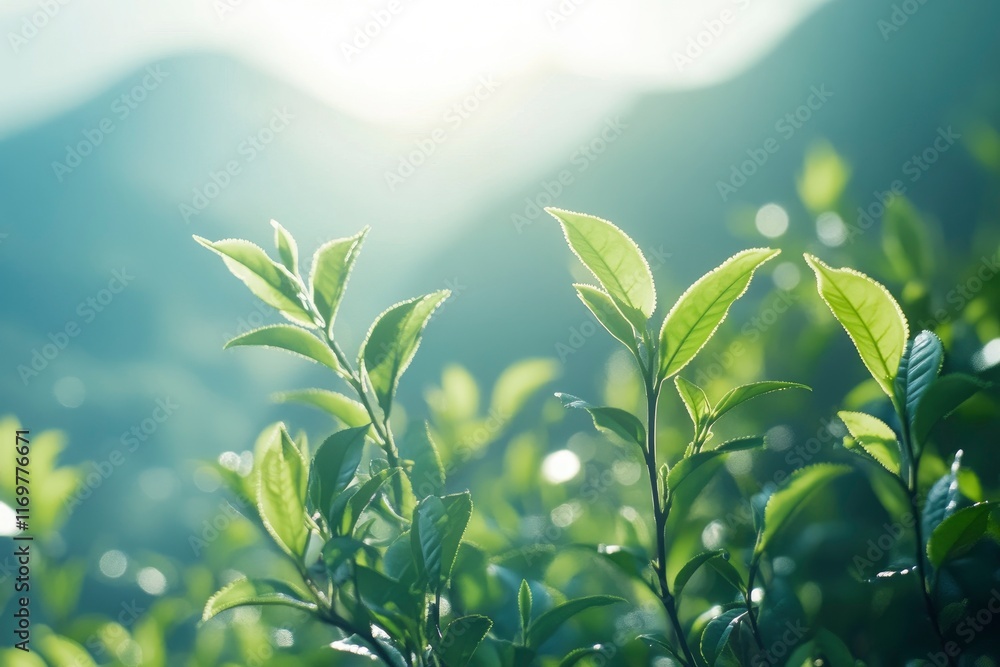 Obraz premium beautiful tea plantations with mountains in the background, morning light, foggy, sunny day, blurred background, detailed close-up of green leaves, professional photography, high resolution,