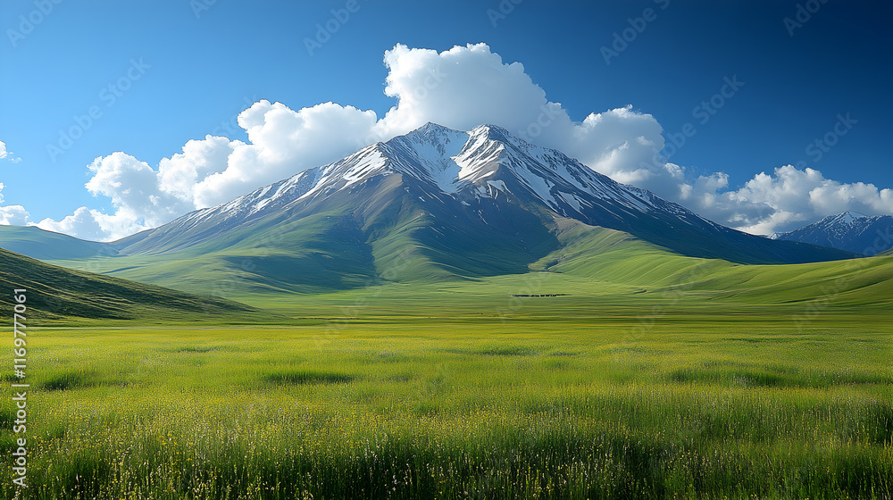 Fototapeta premium Snow-Capped Mountain Majesty with Golden Field