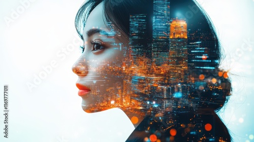 An image featuring a double exposure of a woman's face overlaid with a cityscape and data elements, symbolizing the fusion of human identity with futuristic and innovative technology. photo