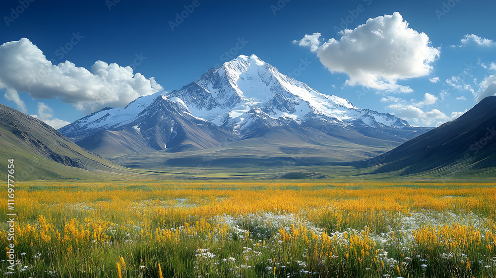 Snow-Capped Mountain Majesty with Golden Field Snow-Capped Mountain Majesty with Golden Field