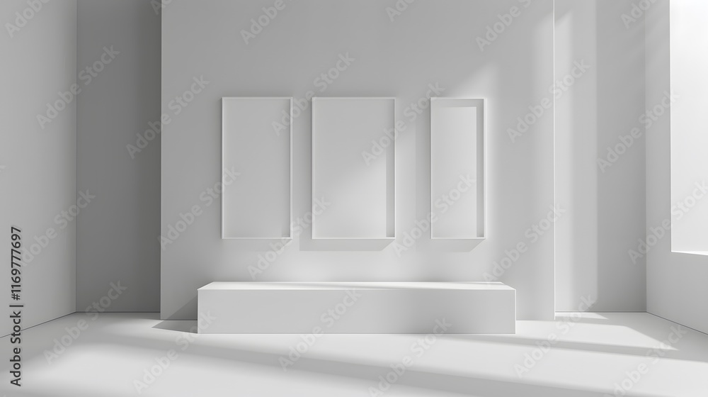 Fototapeta premium Mockup frames and sideboard for light exhibition interior