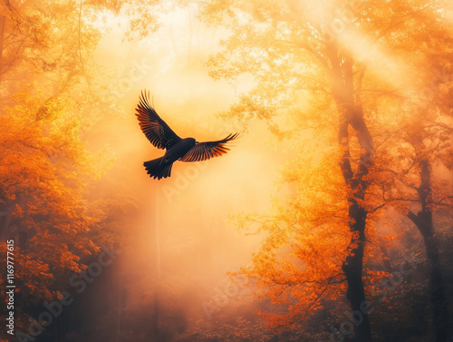 Wallpaper Mural Radiant Starling Flying Over a Golden Autumn Forest Torontodigital.ca