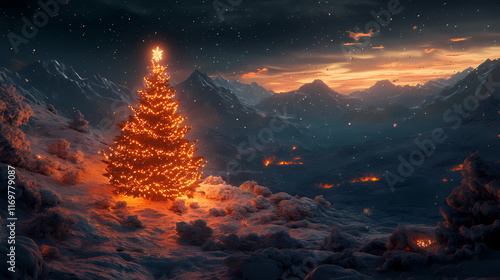 Dark christmas tree 3d render: emberglow holiday scene ai generated. Emberglow. Illustration photo