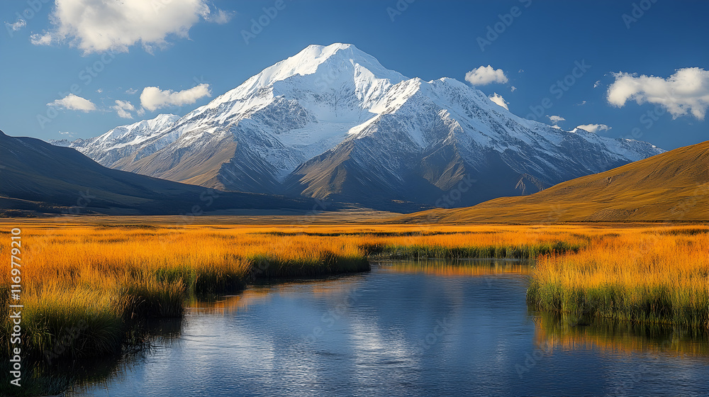 Golden Autumn Stream with Snow-Capped Mountain Golden Autumn Stream with Snow-Capped Mountain