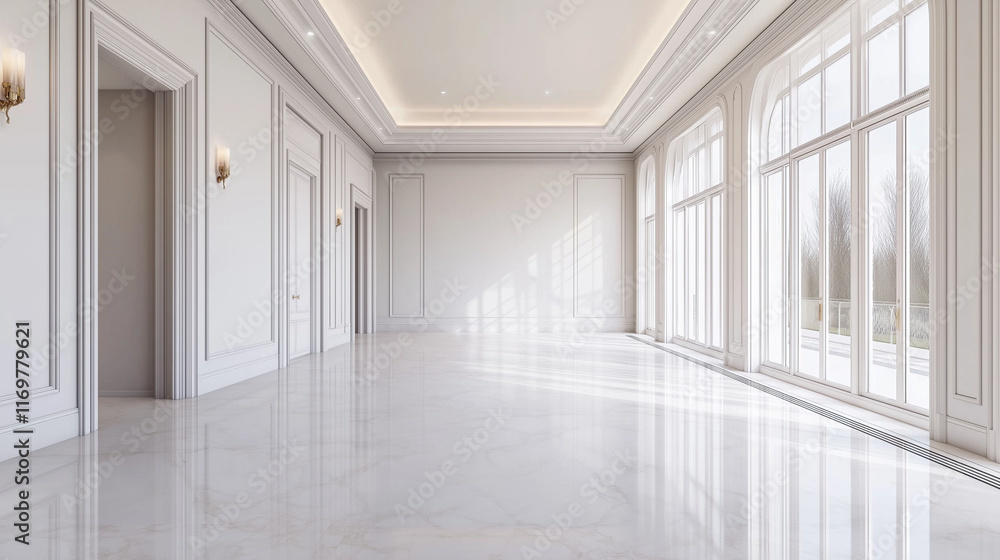 Obraz premium The stock photo features a minimalist and luxurious white room with sleek walls and floors, creating an empty yet stylish background for a variety of creative uses.