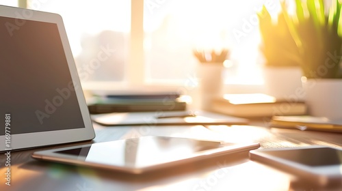 A laptop sits on a desk with a few other items, including a cell phone