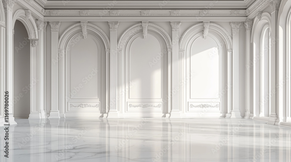 Fototapeta premium The stock photo features a minimalist and luxurious white room with sleek walls and floors, creating an empty yet stylish background for a variety of creative uses.