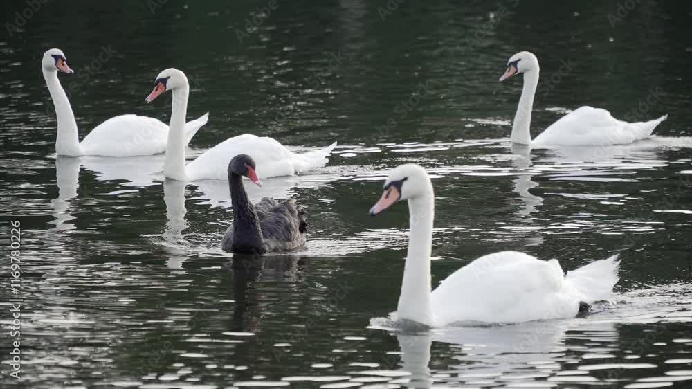 A Striking Black Swan Among A Flock Of Graceful White Swans On A Calm Lake, Symbolizing The Beauty Of Diversity And Harmony In Nature, Capturing A Rare Moment Of Serene Elegance. A Striking Black Swan Among A Flock Of Graceful White Swans On A Calm Lake, Symbolizing The Beauty Of Diversity And Harmony In Nature, Capturing A Rare Moment Of Serene Elegance.