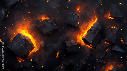 Smokey charcoal embers glowing with intense flames, illuminated against a dark background, evoking a sense of warmth and summer outdoor gatherings. Emberglow. Illustration photo