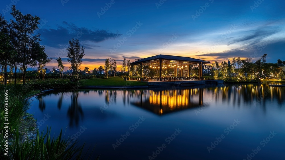 Fototapeta premium Beautiful view of Thefirst Pl Innovated Modern Beauty Beautiful View Blue Sky with reflection in water at sunset, Island from the lake featuring covered Backbar and Aesthetic designed lawn area below 